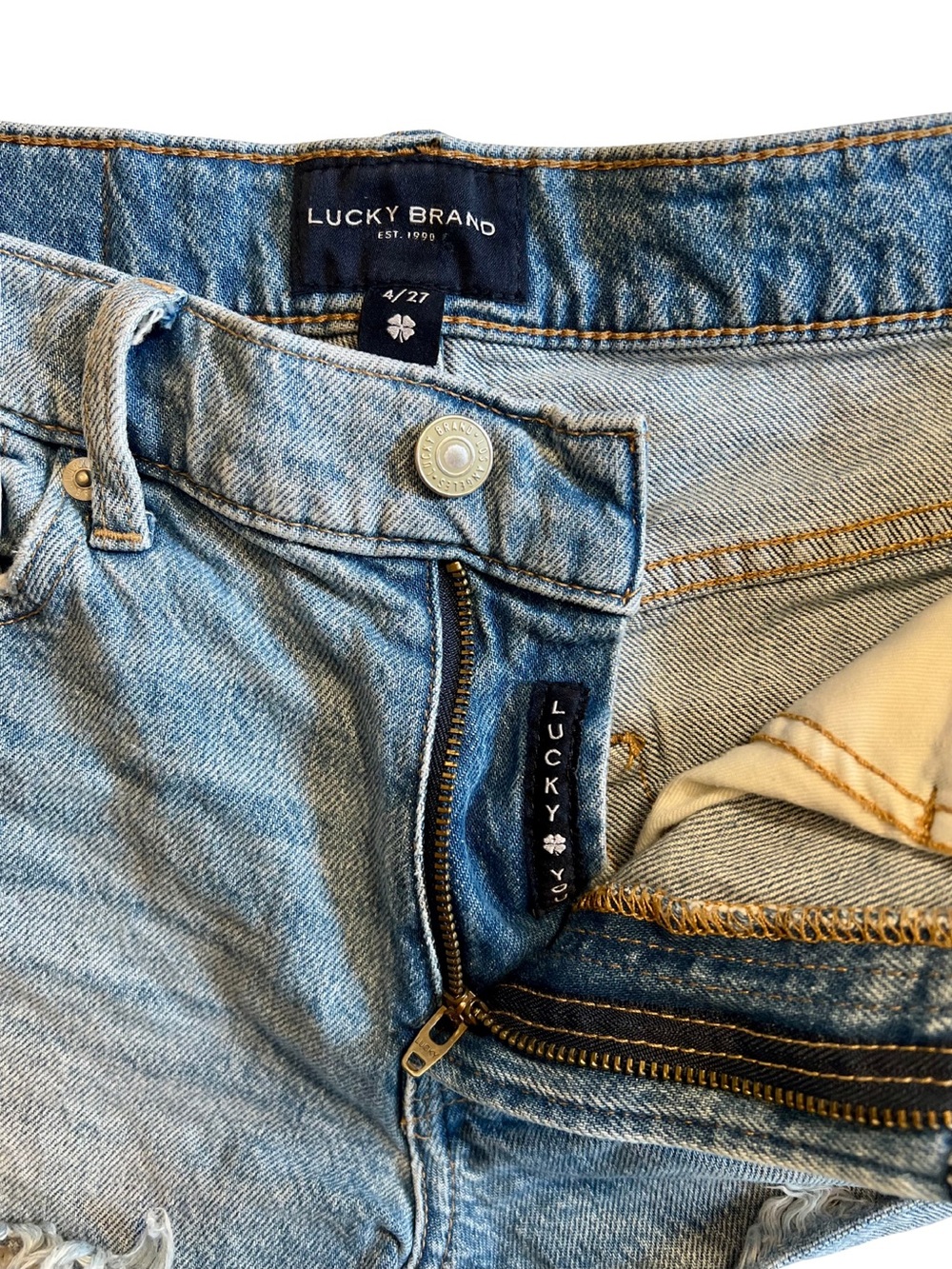Lucky Brand Blue Denim Grandma Crochet Square Pocket Distressed Cutoff Shorts - Picture 2 of 6